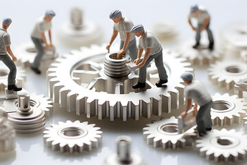 miniature people. figures of male workers repairing gear mechanisms. industry and business production concept - 767614400