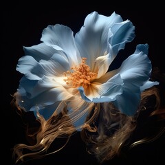 Artistic depiction of a flower with blue and golden hues on a black background