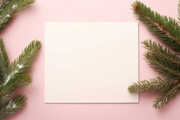 Fototapeta na wymiar A mock-up of a white square card with a string next to a pine branch on a pink background