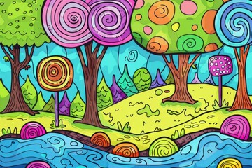 Cartoon cute doodles of a candy forest with lollipop trees, gumdrop bushes, and chocolate rivers flowing through it, Generative AI