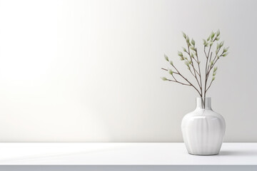 White vase with flowers on a white background with a place to copy - obrazy, fototapety, plakaty