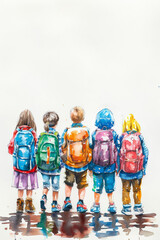 a row of children with backpacks view from the back against a white sky banner poster watercolor painting design back to school camp, watercolor illustration 