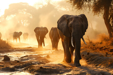 family of African elephants walk along the savanna. mammals and wildlife - 767614800