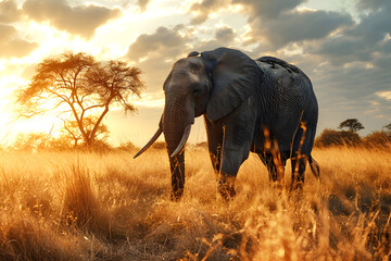 African elephants walk through the savanna at sunset. mammals and wildlife