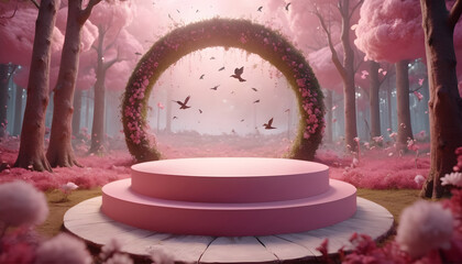 3d render of fantasy background with round podium and pink flower arch in the fairy forest