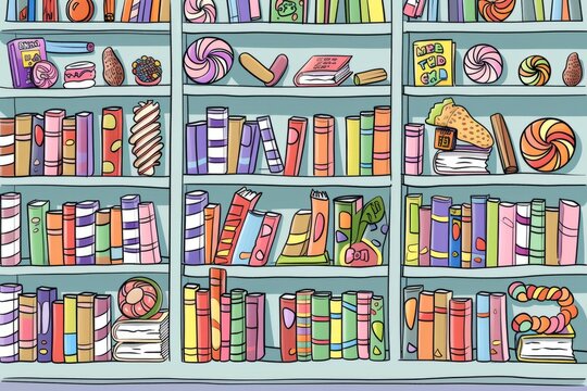 Cartoon cute doodles of a candy library filled with books made of candy wrappers and shelves stocked with candy-themed novels and cookbooks, Generative AI