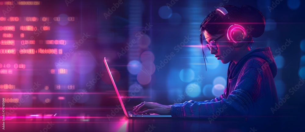 Poster programmer coding on laptop in neon futuristic digital workspace