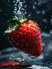 close-up A of ripe 1 strawberry, with water droplets, falling into a deep black water tank, underwater photography, contrast enhancement, natural sunlight filtering through water  - 767615019