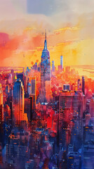 A watercolor big city skyline in sunset time