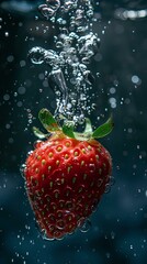 close-up A of ripe 1 strawberry, with water droplets, falling into a deep black water tank, underwater photography, contrast enhancement, natural sunlight filtering through water 