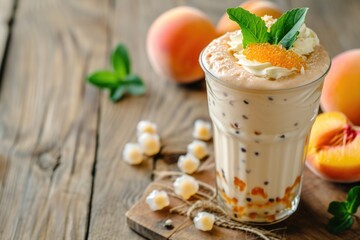 Fototapeta premium Peach milkshake with sweet tapioca balls, Asian bubble tea drink