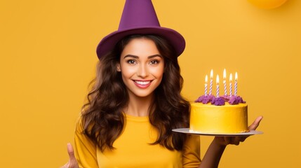 A woman in a yellow shirt is holding a cake with candles