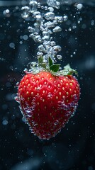 close-up A of ripe 1 strawberry, with water droplets, falling into a deep black water tank, underwater photography, contrast enhancement, natural sunlight filtering through water  - 767615075