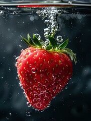 close-up A of ripe 1 strawberry, with water droplets, falling into a deep black water tank, underwater photography, contrast enhancement, natural sunlight filtering through water  - 767615093