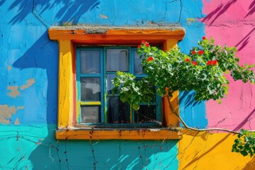 Colorful house window with flowers. Vibrant urban wall texture.