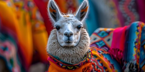 Fototapeta premium Vibrant Llama Adorned with Colorful Andean Textiles in Scenic Mountain Landscape