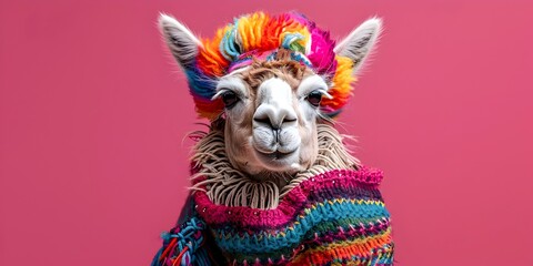 Naklejka premium Vibrant Llama Character Adorned in Colorful Andean Textiles and Blankets with Copy Space