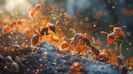 Ants battling over food, closeup shot, with a fashionforward backdrop 3DCG,high resulution - obrazy, fototapety, plakaty