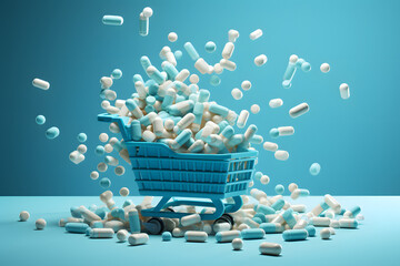 trolley on wheels with medical capsules and vitamins. pharmacology and medicines - 767615258