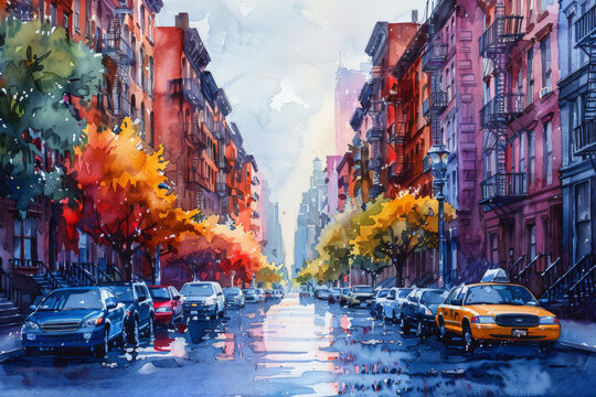 A watercolor painting depicting a city street with parked cars This versatile image can be used for various purposes 