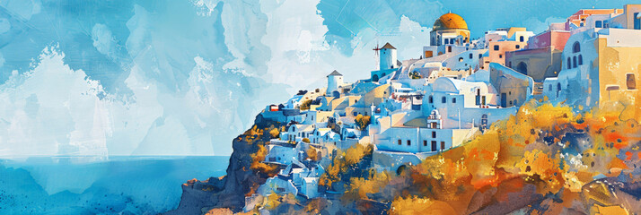 A watercolor painting of a village on a cliff Santorini island in Greece
