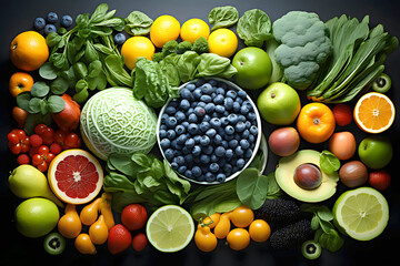 various berries, fruits and vegetables on a dark background. products and food. view from above - 767615475