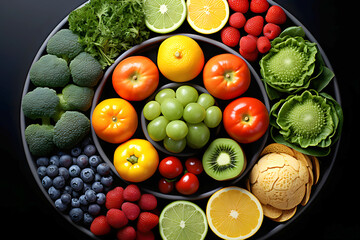 harvest different fruits berries and vegetables on a dark background. products and food. view from above - 767615499