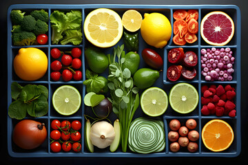 harvest different fruits berries and vegetables on a dark background. products and food. view from above - 767615603