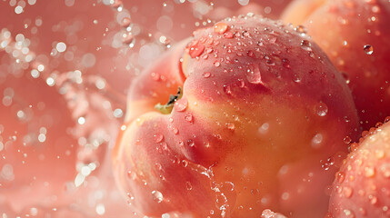 Fresh Ripe Peach with Water Droplets on Vibrant Background