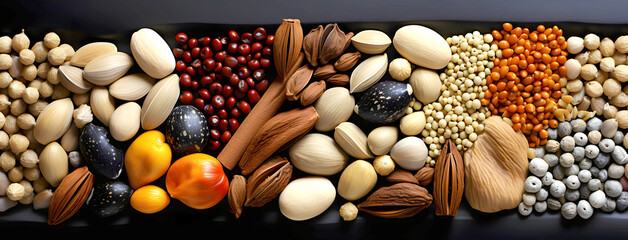different nuts and spices are arranged in order. products and food. view from above - 767615835