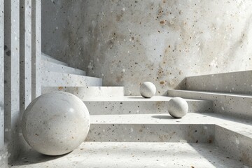 Three spherical stones on concrete stairs with shadows.
