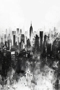 Abstract cityscape watercolor painting with black and white color 