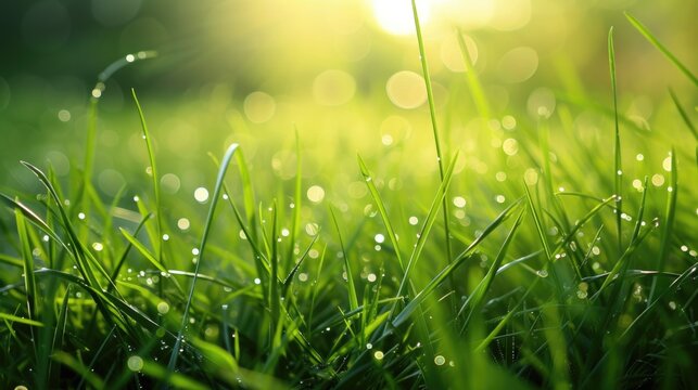 Dew on fresh green grass at sunrise. Macro photography with nature and freshness concept