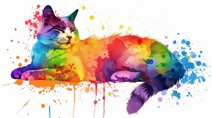  A colorful feline resting on a white background with a paint splatter on its spine