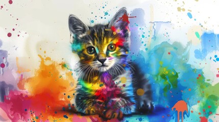  A colorful kitten in white background, painted with multicolored splatters