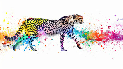  A depiction of a cheetah on a white canvas with vibrant splashes of paint surrounding it