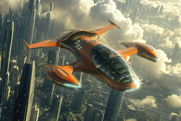 Flying cars and other futuristic modes of transportation in a city. - obrazy, fototapety, plakaty