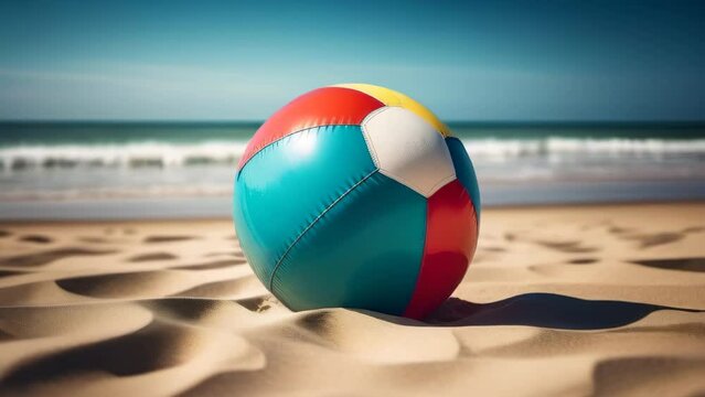 colorful retro style volleyball on a sandy beach with the sea in the background. Family travel and vacation concept. Old fashioned 60s