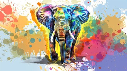  An elephant in a painting with colorful splatters on its face and tusks adorned with brushstrokes