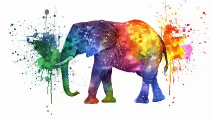  A painting of an elephant with paint splatters on its body and tusks - obrazy, fototapety, plakaty
