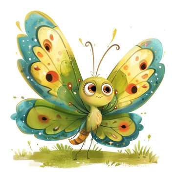 Cute Funny Cartoon Butterfly, Illustration for Children Book, Generative AI