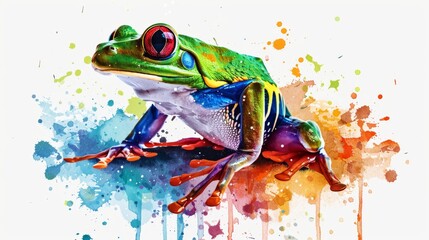  Watercolor artwork depicting a frog resting on a twig, adorned with smears of paint - obrazy, fototapety, plakaty