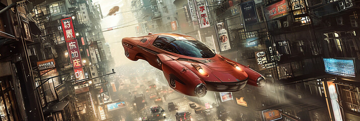 Flying cars and other futuristic modes of transportation in a city.