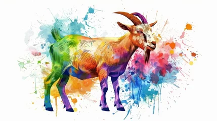 Foto op Canvas  A stunning watercolor portrait of a majestic goat with intricate, multicolored brushstrokes adorning its lustrous coat © Nadia