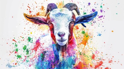  A vibrant goat portrait adorned with vivid paint splatters on its visage, accentuating its spiraled horns