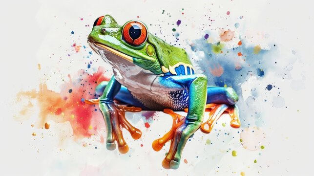  A photo of a frog perched atop a sheet of paper with splattered paint