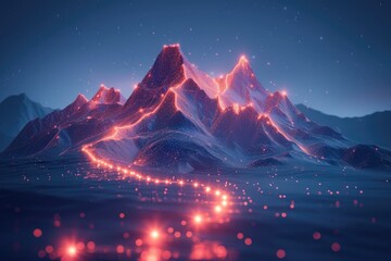 Flags adorn abstract digital mountains in a low poly futuristic design. The concept of achieving corporate goals and the route to success. - obrazy, fototapety, plakaty
