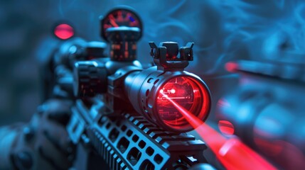 Futuristic laser rifle with red beam aiming in blue haze.