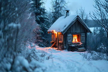 snow covered wooden house with light from the windows on a frosty winter evening against the backdrop of beautiful nature