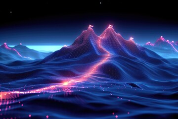 Flags adorn abstract digital mountains in a low poly futuristic design. The concept of achieving corporate goals and the route to success.